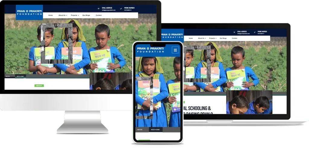 Responsive view of the Pran O Prakriti Foundation website on desktop, laptop, and mobile devices, developed by Tech Cloud Ltd