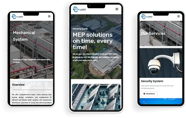 Multiple mobile device views of the Manha MEP Solution website developed by Tech Cloud Ltd