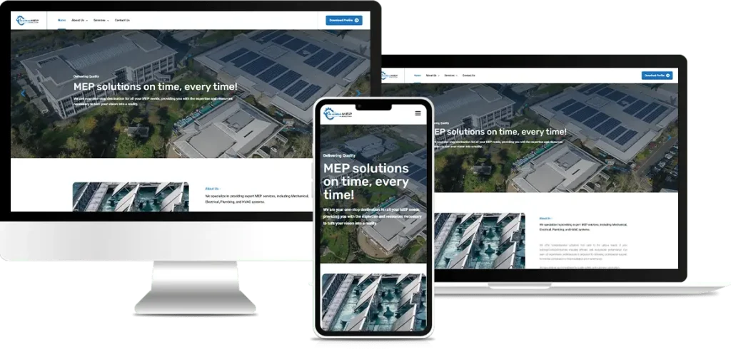 Responsive view of the Manha MEP Solution website on desktop, laptop, and mobile devices, developed by Tech Cloud Ltd