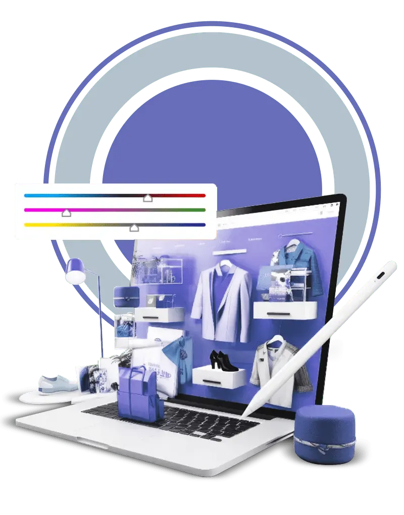 Ecommerce image editing service displayed on a laptop screen, featuring various professionally enhanced product images for online stores