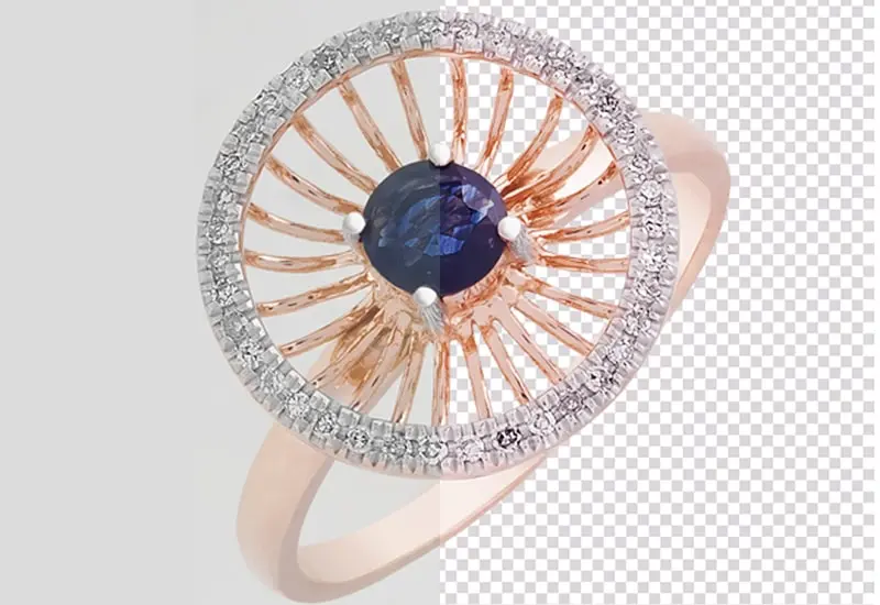 Luxury ring highlighted with a professional photo cutout, showcasing precision in image post-production services