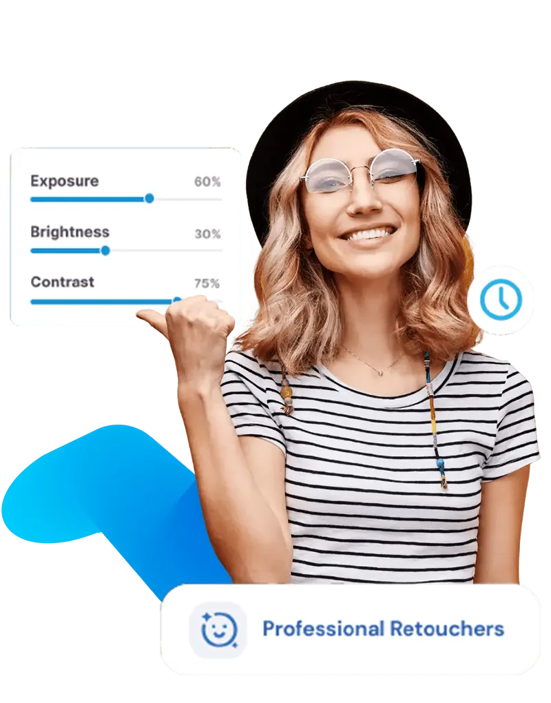 Professional image editors smiling while showcasing image adjustments, highlighting expertise in photo retouching services