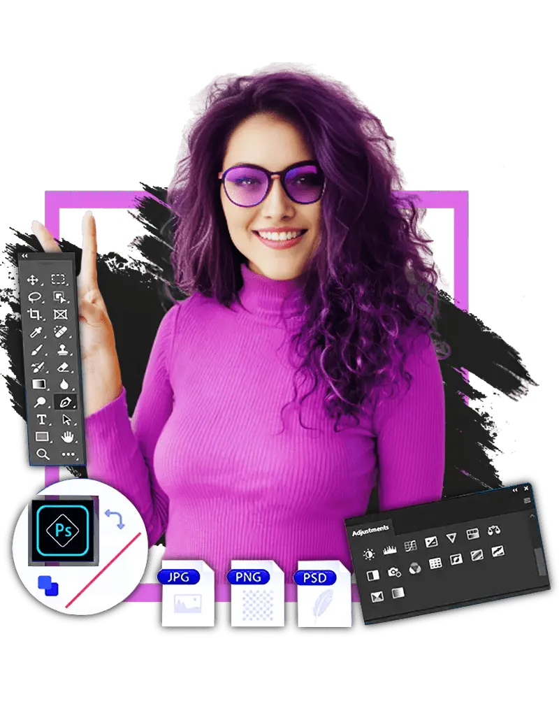 Retouched image of a girl with visible Photoshop tools, showcasing professional image retouching services